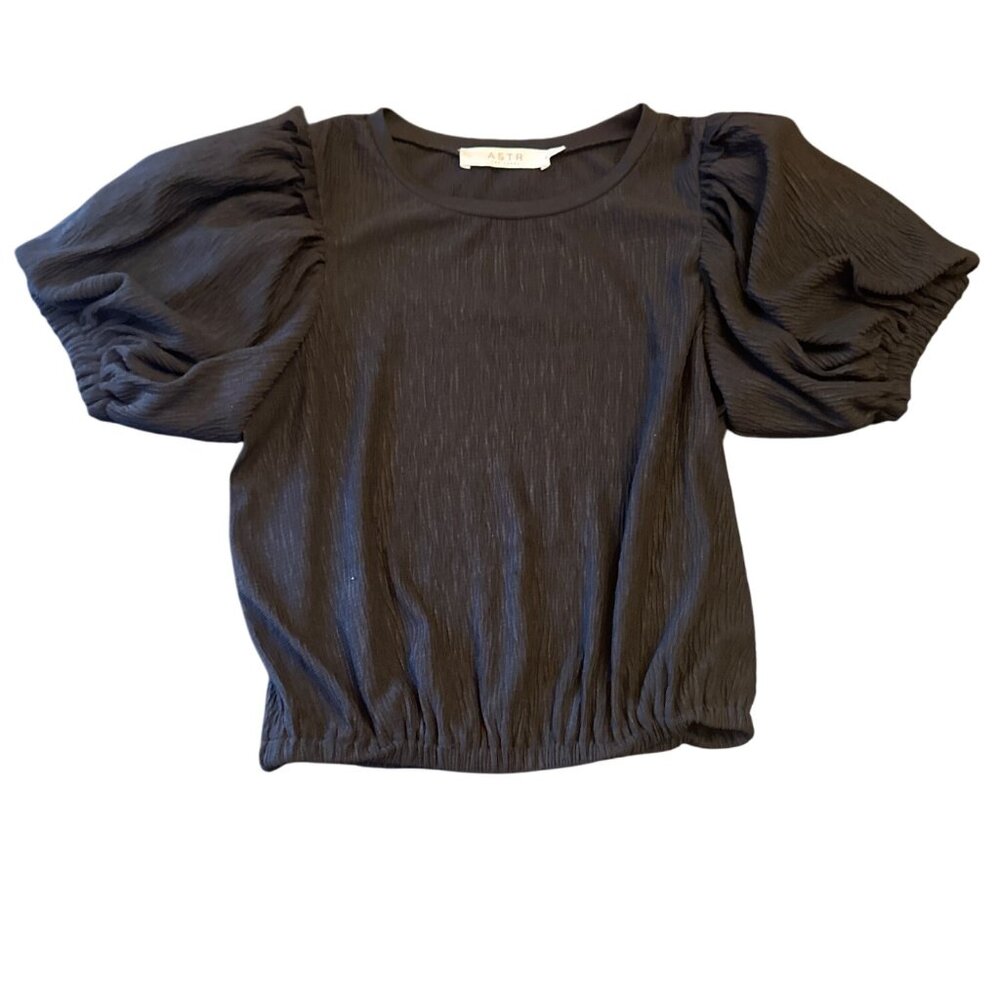 ASTR The Label Black Puff Sleeve Textured Top Womens S Polyester Blend